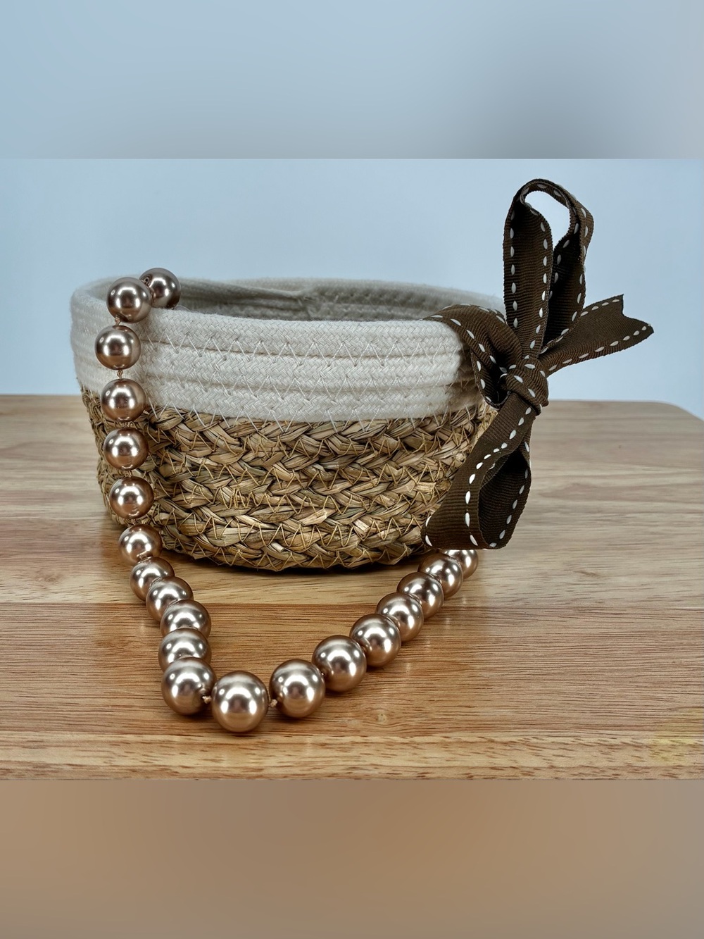 Gold/Brown Faux Pearls with‎ Brown Grosgrain Ribbon Closure